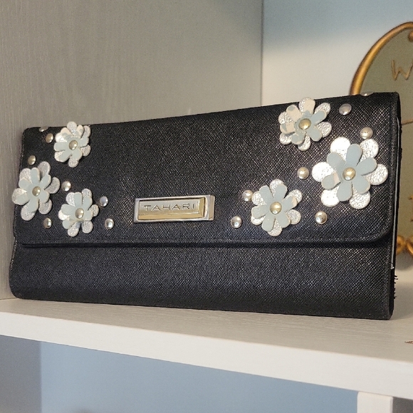 Tahari Handbags - Tahari Black tri fold Clutch with Cream Floral Embellishments magnet close
